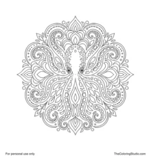 Top-view octopus mandala with a rounded head, two eyes, eight flowing arms, and balanced radial ornaments.