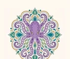 Top-view octopus mandala with a rounded head, two eyes, eight flowing arms, and balanced radial ornaments.