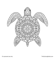 Top-view turtle mandala with a radial patterned shell, four balanced flippers, a small head, and a short tail.