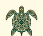 Top-view turtle mandala with a radial patterned shell, four balanced flippers, a small head, and a short tail.