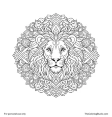 Lion mandala with a centered lion face, layered symmetrical mane sections, and repeating ornamental shapes.