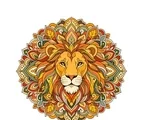 Lion mandala with a centered lion face, layered symmetrical mane sections, and repeating ornamental shapes.