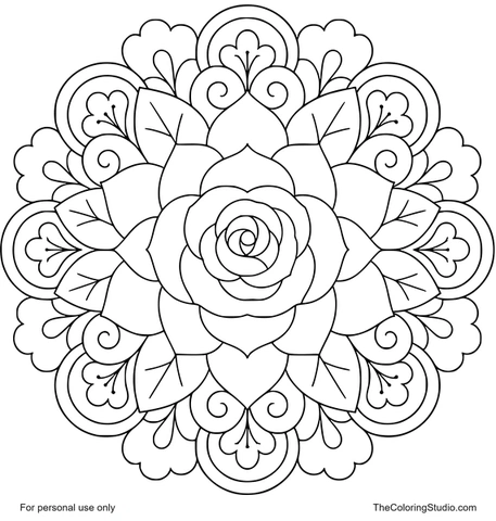 Rose floral mandala with layered petals, green leaves, and flat decorative loops on a white background.