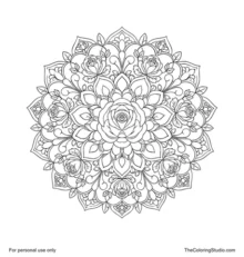 A symmetrical floral mandala with a central rose rosette, layered petals, and decorative radial leaf motifs.