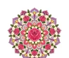 A symmetrical floral mandala with a central rose rosette, layered petals, and decorative radial leaf motifs.