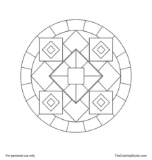 Geometric mandala with a square center, rotating diamond layers, corner squares and a segmented circular border.