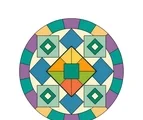 Geometric mandala with a square center, rotating diamond layers, corner squares and a segmented circular border.