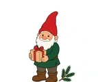 Scandinavian nisse with a red pointed hat holding a gift box beside an evergreen sprig.