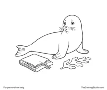 Gray-blue selkie in seal form resting beside a folded dark blue cloak and one seaweed leaf.