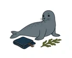 Gray-blue selkie in seal form resting beside a folded dark blue cloak and one seaweed leaf.