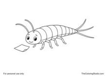 Friendly cartoon silverfish with six legs, curved antennae, and three tail filaments beside a small piece of paper.