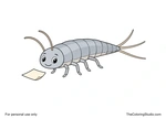Friendly cartoon silverfish with six legs, curved antennae, and three tail filaments beside a small piece of paper.