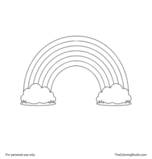 Seven-band rainbow arch with small white clouds at both ends on a plain white background.