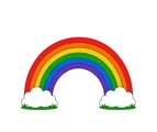 Seven-band rainbow arch with small white clouds at both ends on a plain white background.
