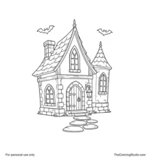 Cartoon haunted house with pointed roofs, three glowing windows, a front lantern, two bats, and a short stone path.