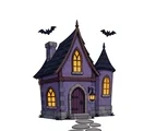 Cartoon haunted house with pointed roofs, three glowing windows, a front lantern, two bats, and a short stone path.