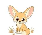 Sweet fennec fox cub sitting with big ears, a curled fluffy tail, simple paws, and small desert grass tufts.