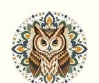 Front-facing owl mandala with large eyes, a short hooked beak, symmetrical feather layers, and radial ornaments.
