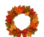 Circular Thanksgiving wreath of autumn leaves with four acorns, three cranberries, and a ribbon.
