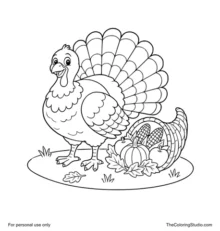 A full-body Thanksgiving turkey beside a woven cornucopia filled with pumpkin, corn, apples, and autumn leaves.