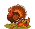 A full-body Thanksgiving turkey beside a woven cornucopia filled with pumpkin, corn, apples, and autumn leaves.