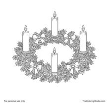 Traditional Advent wreath with four candles, red bows and berries arranged around an open evergreen ring.