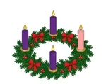Traditional Advent wreath with four candles, red bows and berries arranged around an open evergreen ring.