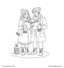 Two traditional Christmas carolers sharing a holly-decorated songbook beside a lantern on snow.