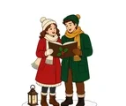 Two traditional Christmas carolers sharing a holly-decorated songbook beside a lantern on snow.