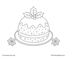 Traditional Christmas pudding with white icing, holly, red berries and two star cookies on a cream plate.