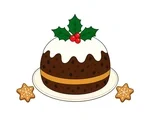 Traditional Christmas pudding with white icing, holly, red berries and two star cookies on a cream plate.