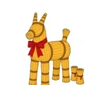 Traditional straw Yule goat with red ribbon and two small bundled straw decorations on a white background.
