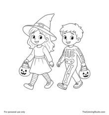 Two smiling children in witch and skeleton costumes walking with candy buckets on a white background.