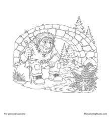 Curious troll seated beneath an arched stone bridge beside a blue stream, ferns, mushrooms, and rounded rocks.