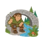 Curious troll seated beneath an arched stone bridge beside a blue stream, ferns, mushrooms, and rounded rocks.