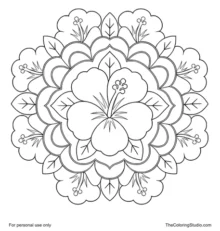 Hibiscus mandala with broad pink petals, green leaf shapes, and flat decorative rings on a white background.