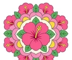 Hibiscus mandala with broad pink petals, green leaf shapes, and flat decorative rings on a white background.
