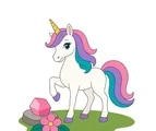 Young unicorn with a flowing mane and tail standing beside a large blue gemstone and one flower.