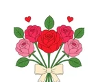 Bouquet of five red and pink roses with green leaves, tied with a cream ribbon bow.