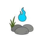 Blue will-o'-the-wisp floating above three rounded stones beside one green reed.