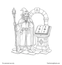Medieval wizard in a long robe reading an open spellbook beside a crystal-topped staff and stone arch.