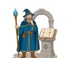 Medieval wizard in a long robe reading an open spellbook beside a crystal-topped staff and stone arch.