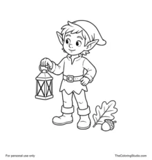 Woodland elf holding a lantern beside a large oak leaf and small acorn on a white background.