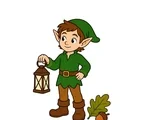 Woodland elf holding a lantern beside a large oak leaf and small acorn on a white background.