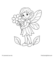 Woodland fairy with two rounded wings holding a large flower beside two green leaves.