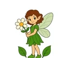 Woodland fairy with two rounded wings holding a large flower beside two green leaves.