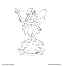 Woodland fairy with two rounded wings and a flower-tipped wand standing on a large mushroom cap.