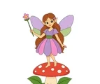 Woodland fairy with two rounded wings and a flower-tipped wand standing on a large mushroom cap.