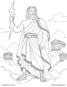 Zeus in classical robes holding a raised thunderbolt above clouds near Mount Olympus.