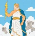 Zeus in classical robes holding a raised thunderbolt above clouds near Mount Olympus.